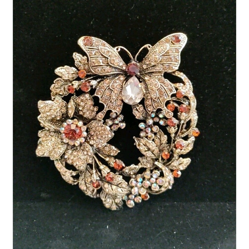 Butterfly & Flower Wreath Brooch Bronze Tone 3.5" Long 3.25" Wide